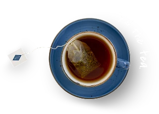 A top view of a cup of tea with a teabag, resting on a blue saucer, with the phrase "spill the tea" above.