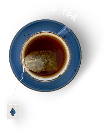 A top view of a cup of tea with a teabag, resting on a blue saucer, with the phrase "spill the tea" above.