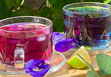 Two glass cups with butterfly pea flower tea, one pink and one blue, sit on a wooden surface next to a lime wedge and butterfly pea flowers, with greenery in the background.